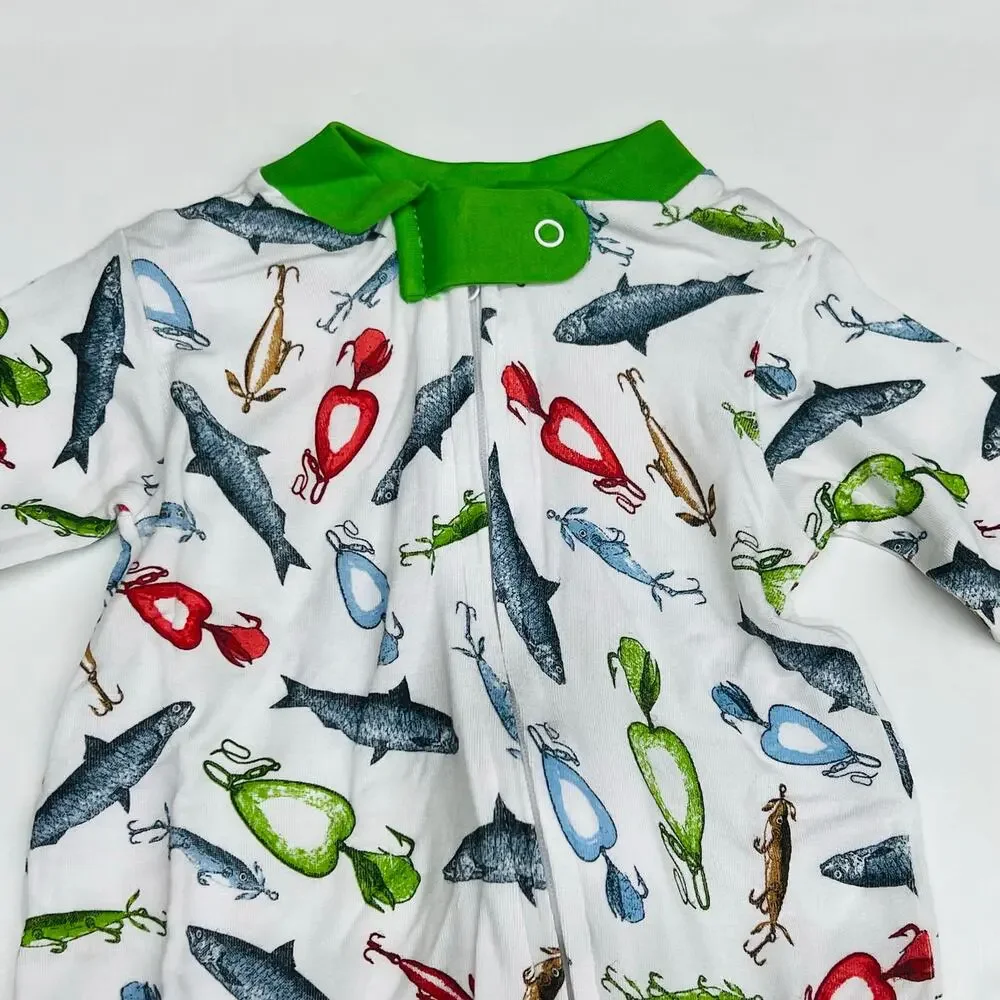NWT Magnolia Baby 12/18M Good Catch! Green Printed Zipper Footie